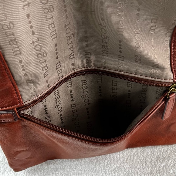 Margot New York Brown Anthropologie Leather Fold Over Crossbody Bag Purse STAIN - Picture 6 of 16
